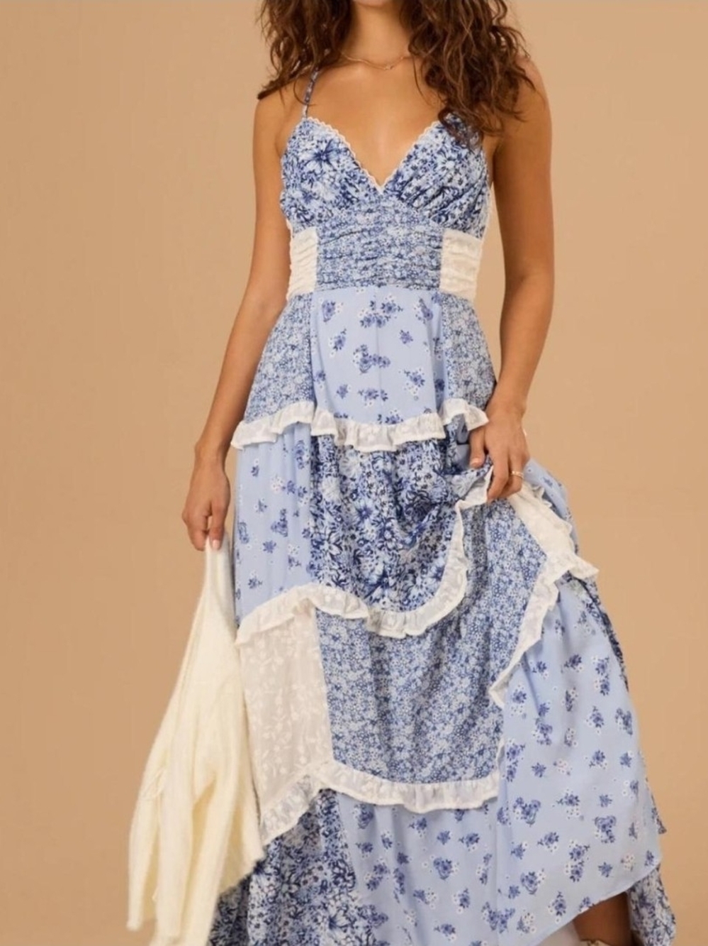 Altar'd State Blue & White Patchwork Floral Maxi Dress